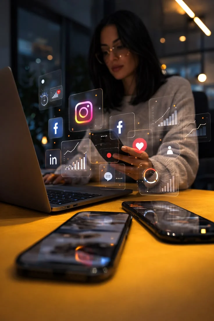 Marketer reviewing social and analytics dashboards