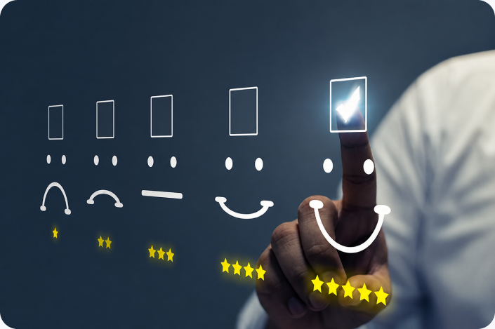 A finger selecting the highest rating on a customer satisfaction scale