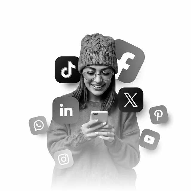 Person scrolling social media surrounded by platform icons