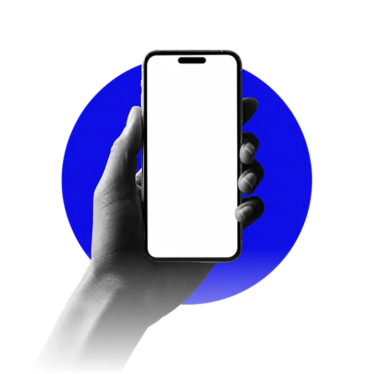Hand holding a phone against a blue circle