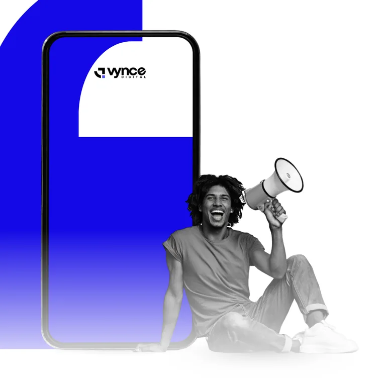 Person cheering with a megaphone beside a phone showing the Vynce Digital logo